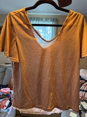 SHEIN Rust Brown V-Neck Flutter Sleeve Top